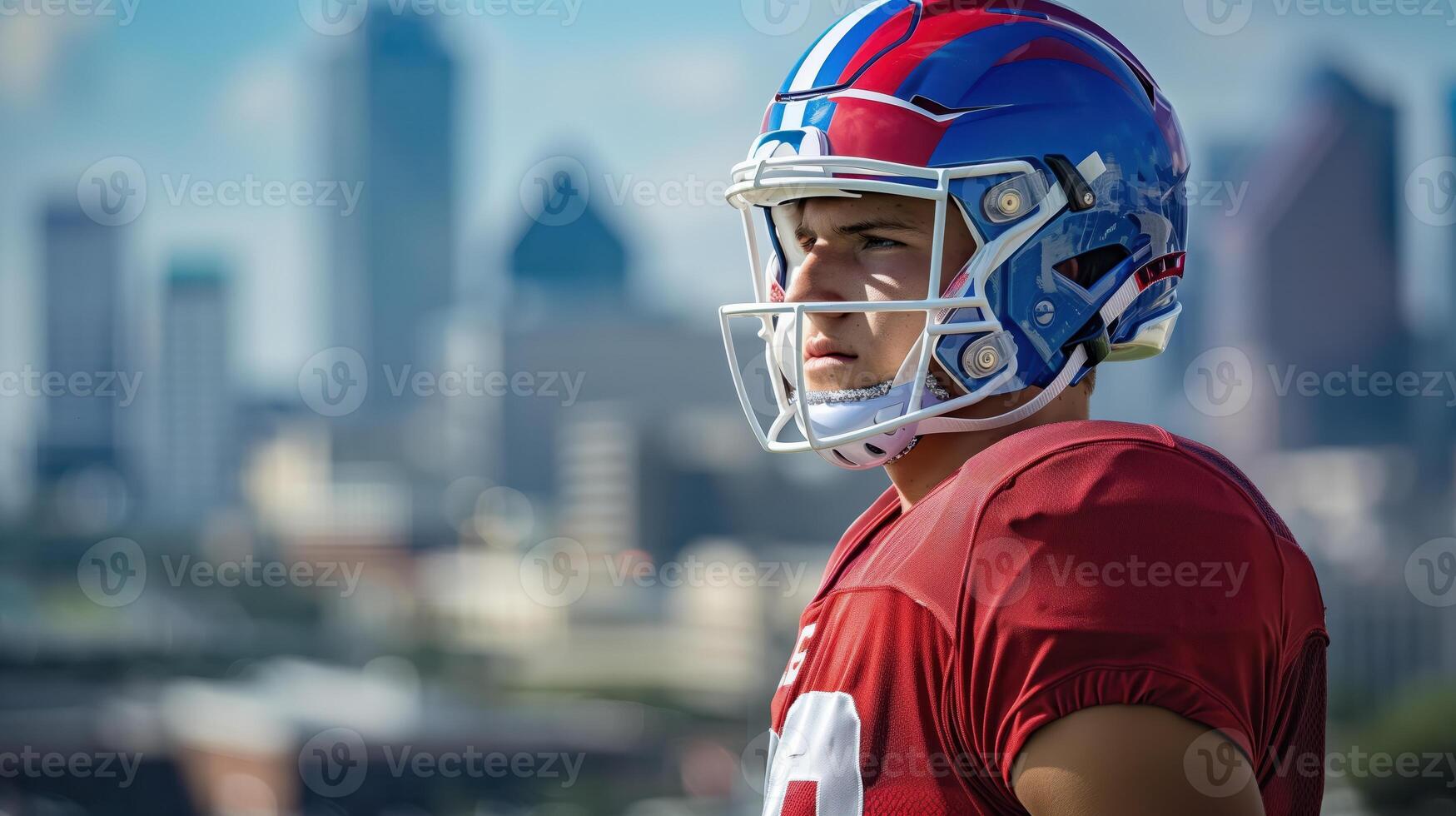 University Football Player in Helmet Posing Against Downtown Skyline on a Sunny Day photo