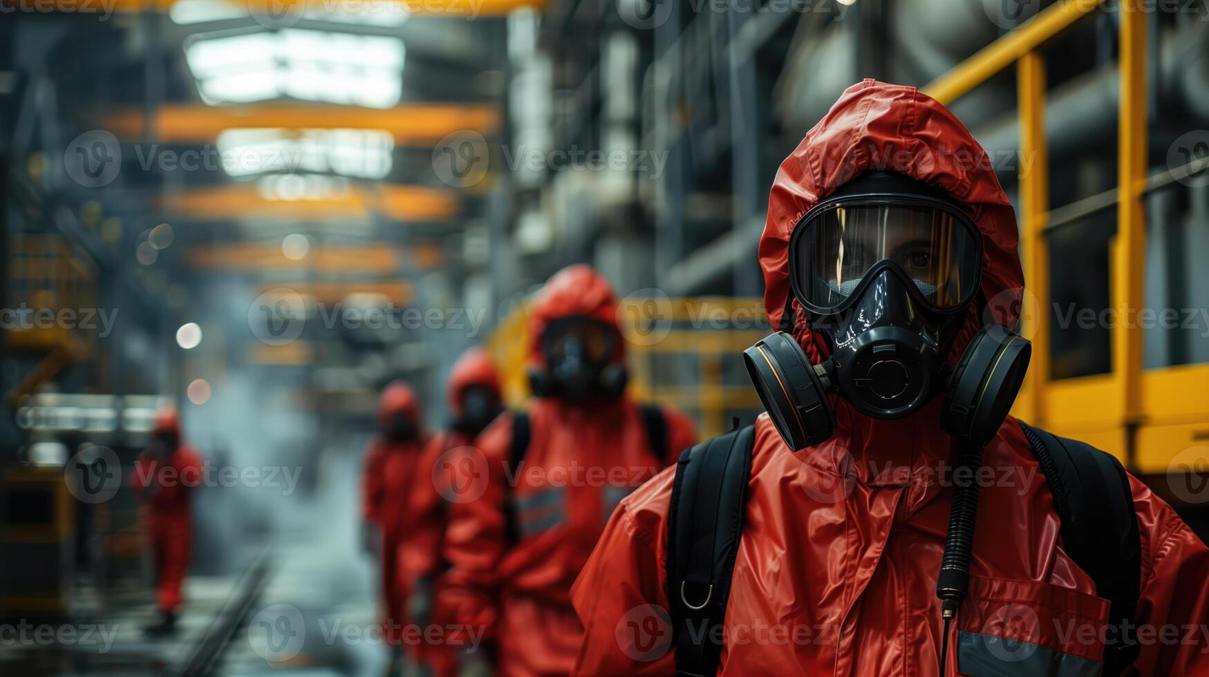 Team in Red Hazmat Suits and Respirators Preparing for Safety Protocols in Industrial Environment photo