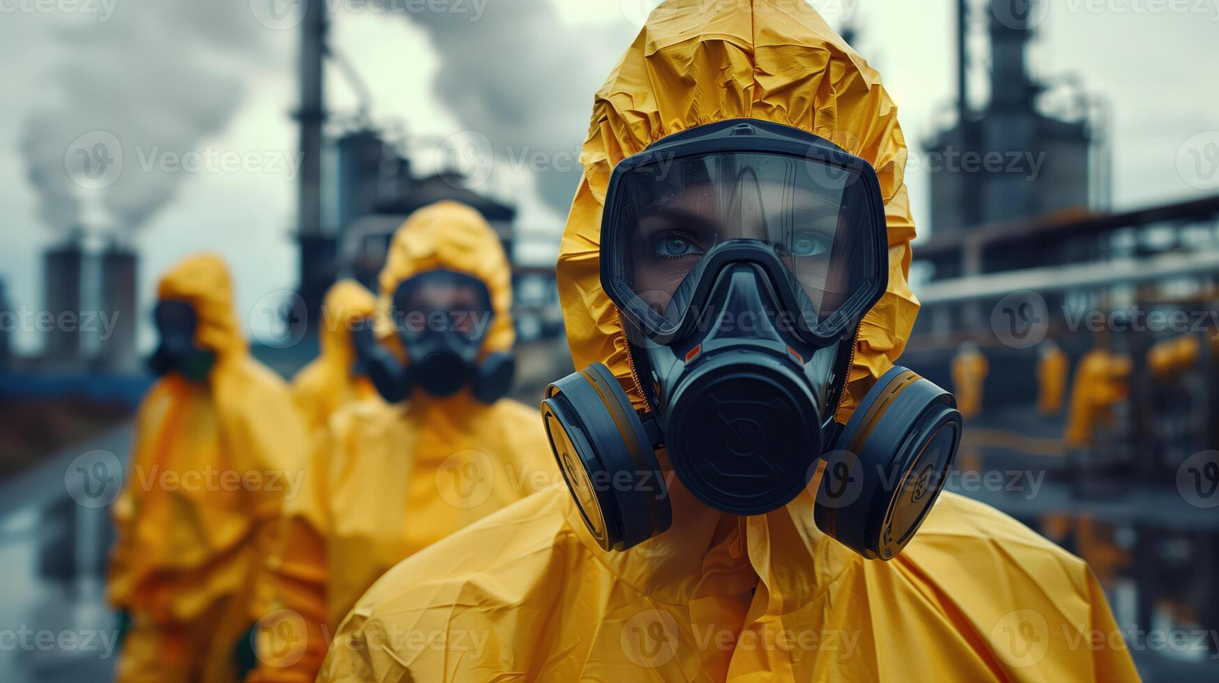 Team in Yellow Hazmat Suits and Respirators Preparing for Hazardous Material Cleanup at Industrial Site photo