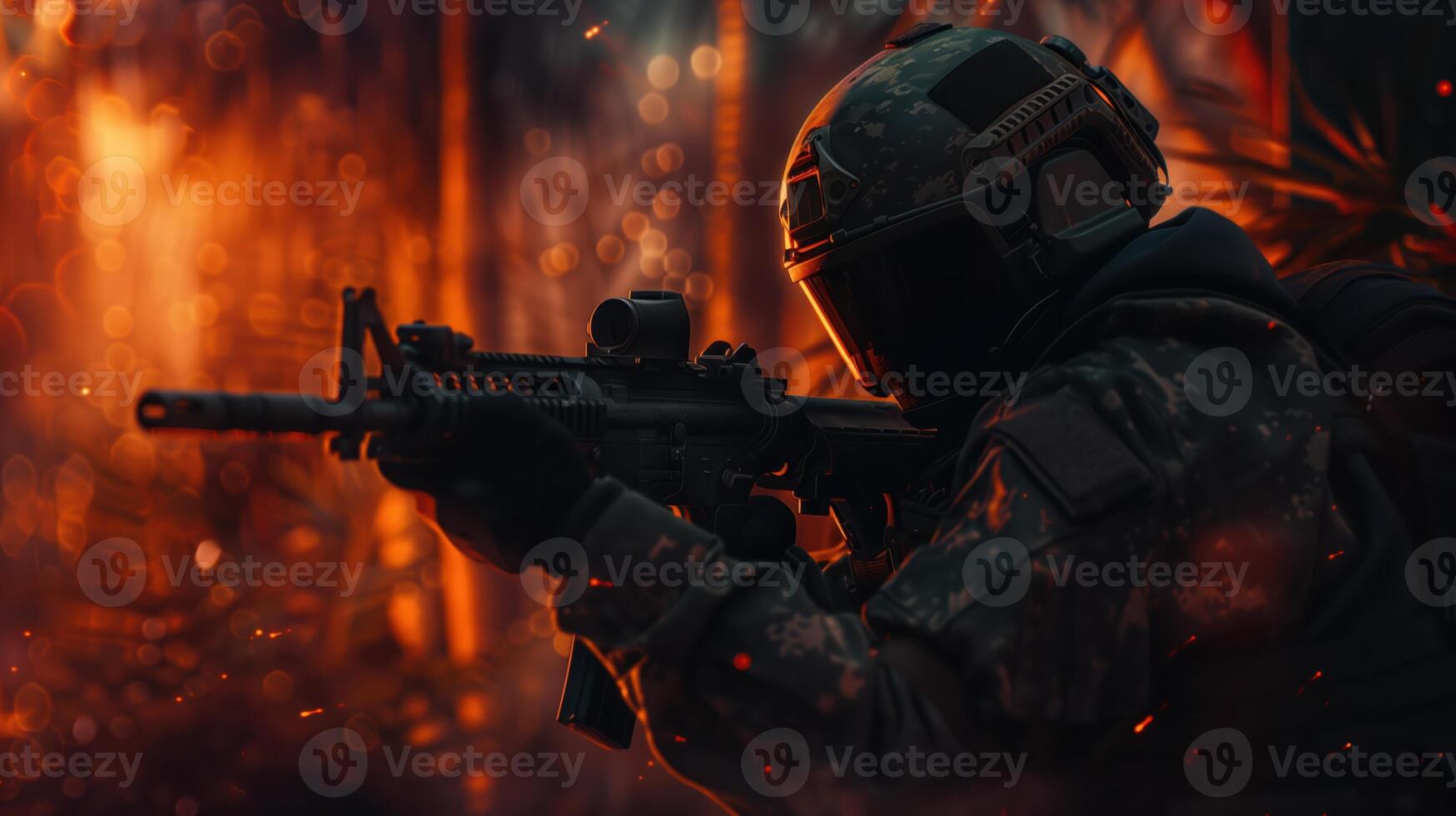 Ultra Realistic Military Game Scene with Soldier in Full Gear and Intense Combat Atmosphere photo