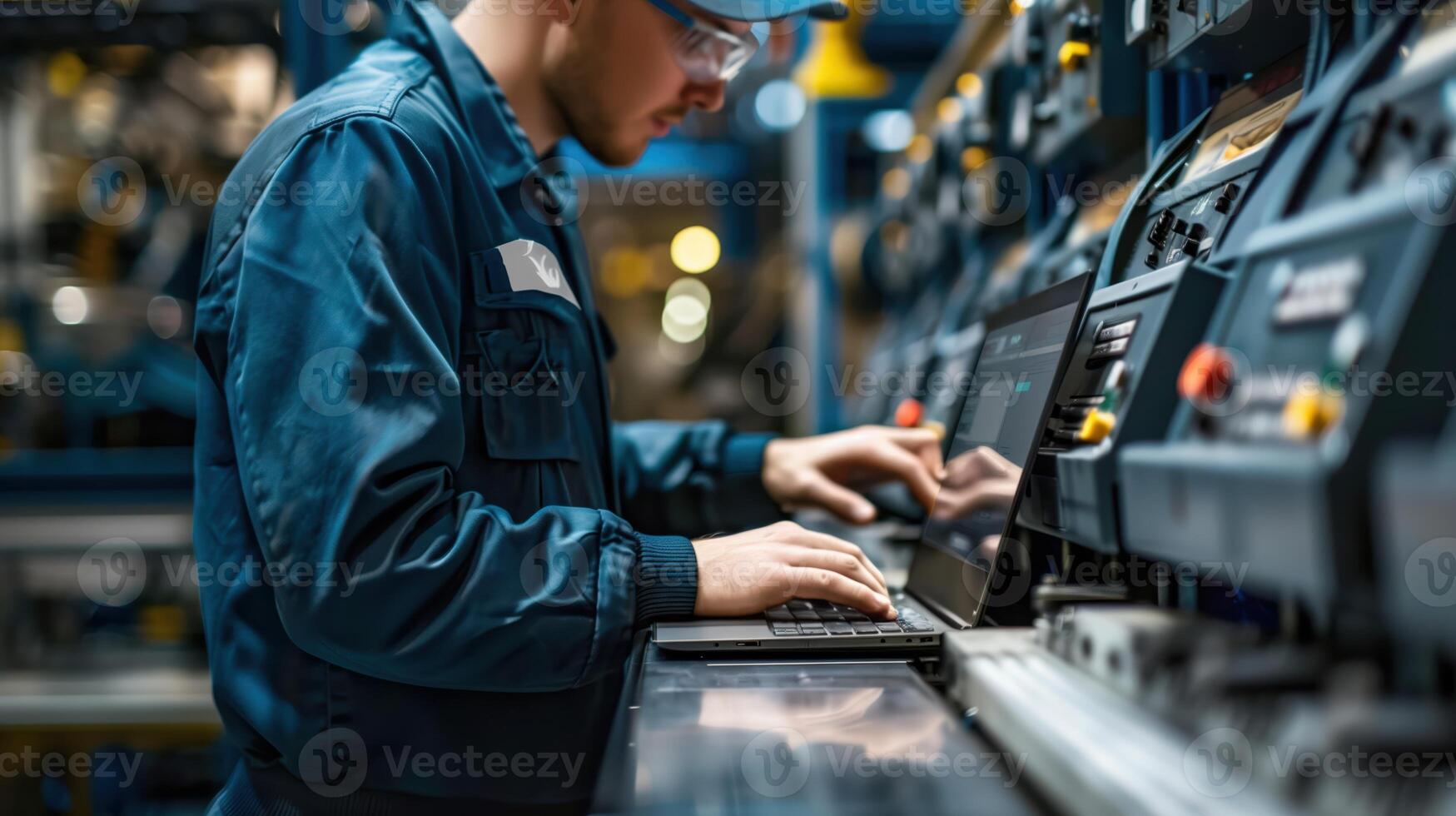 Professional Worker in Modern Factory Using Laptop to Monitor Industrial Machinery and Enhance Production Efficiency photo