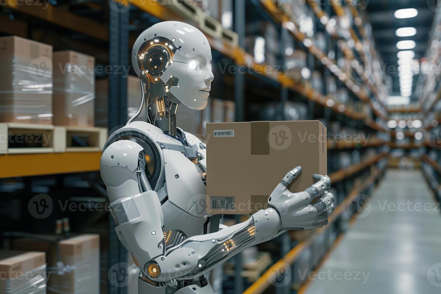 Futuristic Robot Holding a Box in a High-Tech Warehouse, Showcasing Advanced AI and Automation photo