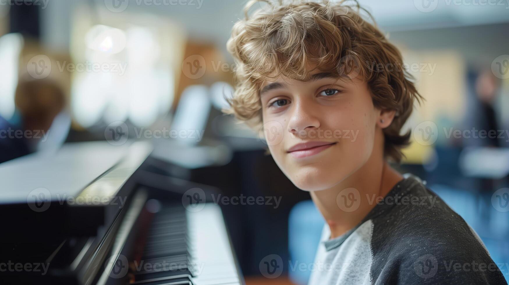 Portrait of Teenager Learning Keyboard in Music Class, Smiling and Engaged with Musical Instrument photo