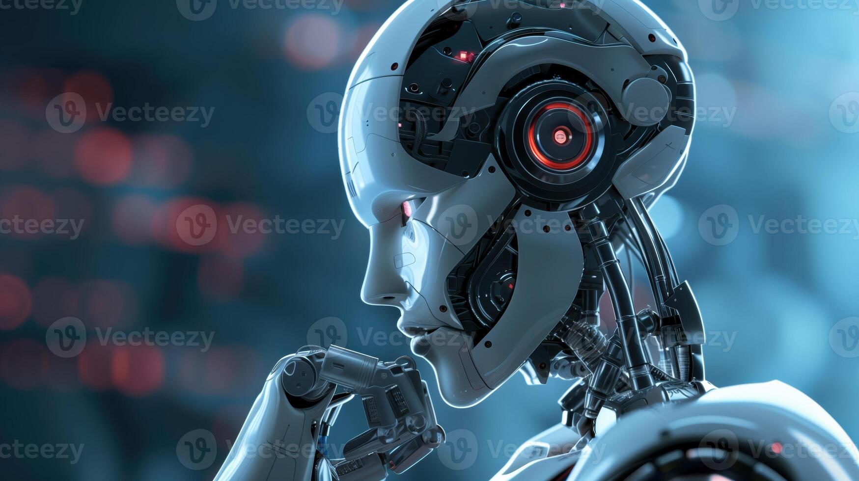 Futuristic Robot Design Featuring a Thoughtful Mechanical Assistant with Advanced Technology Background photo