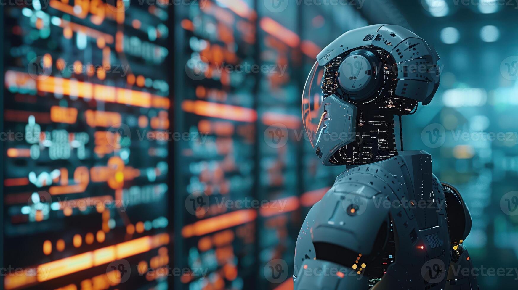 Futuristic Trading Robot Analyzing Cryptocurrency Data in a High-Tech Digital Environment photo