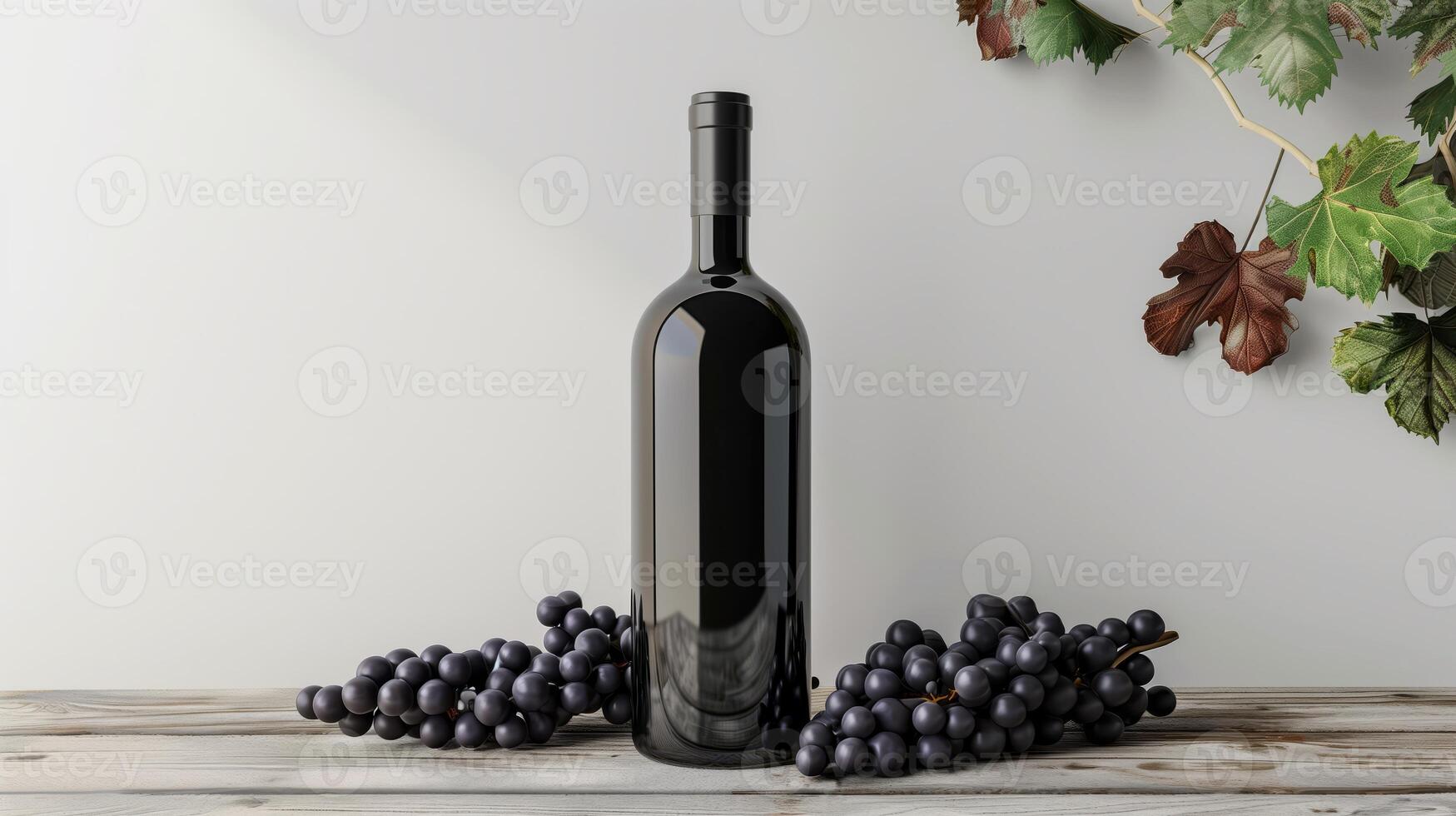 Elegant Rendered Bottle Of Wine With Grapes And Leaves On A Solid Background photo