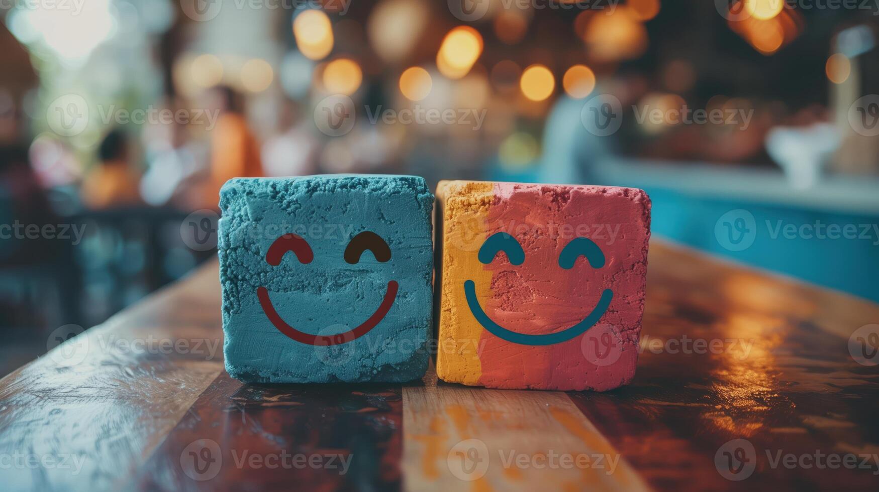Colorful Smiling Blocks on Wooden Table in Cafe Setting Illustrating Happiness and Emotional Intelligence in Marketing photo