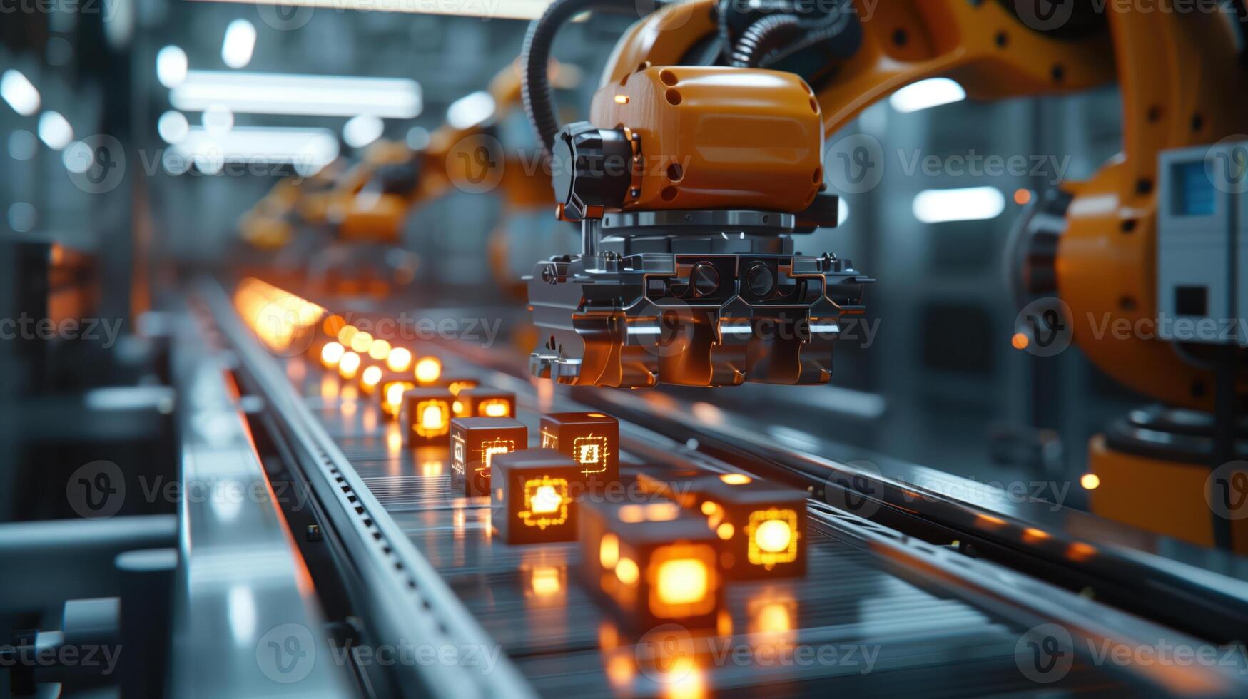 Industrial Robot Precisely Sorting Components on a Conveyor Belt in a Modern Factory Setting photo