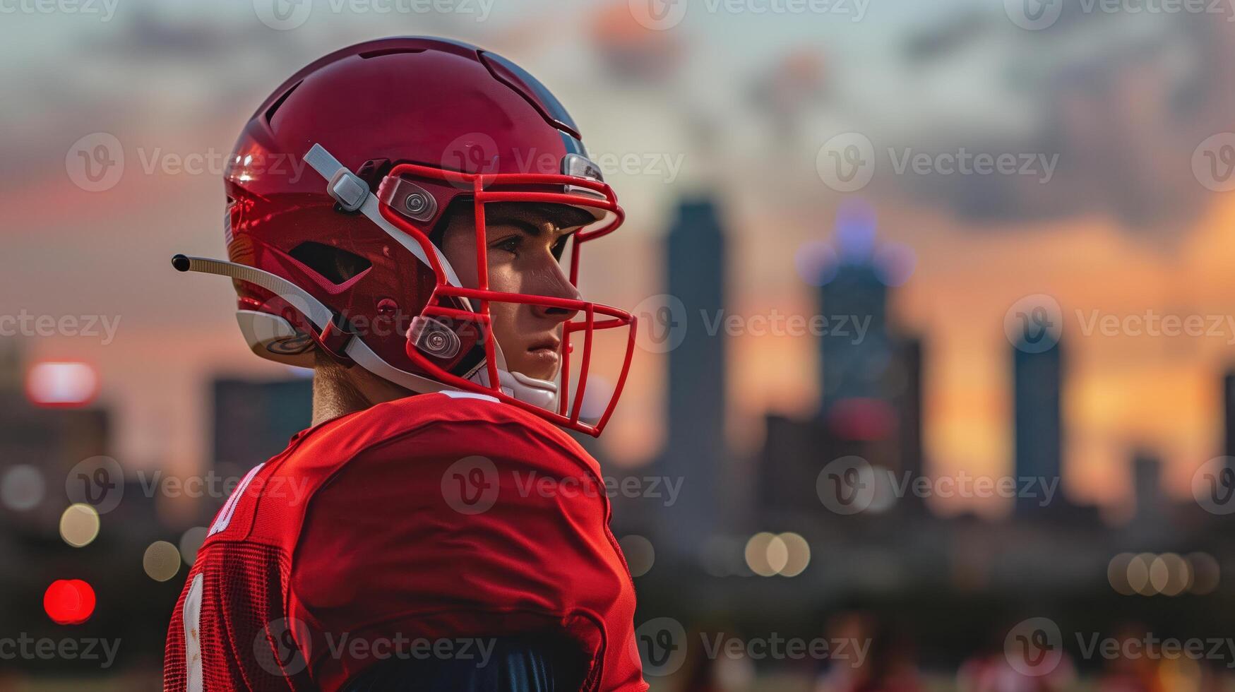 University Football Player With Determined Look Against Stunning Downtown Skyline at Sunset photo