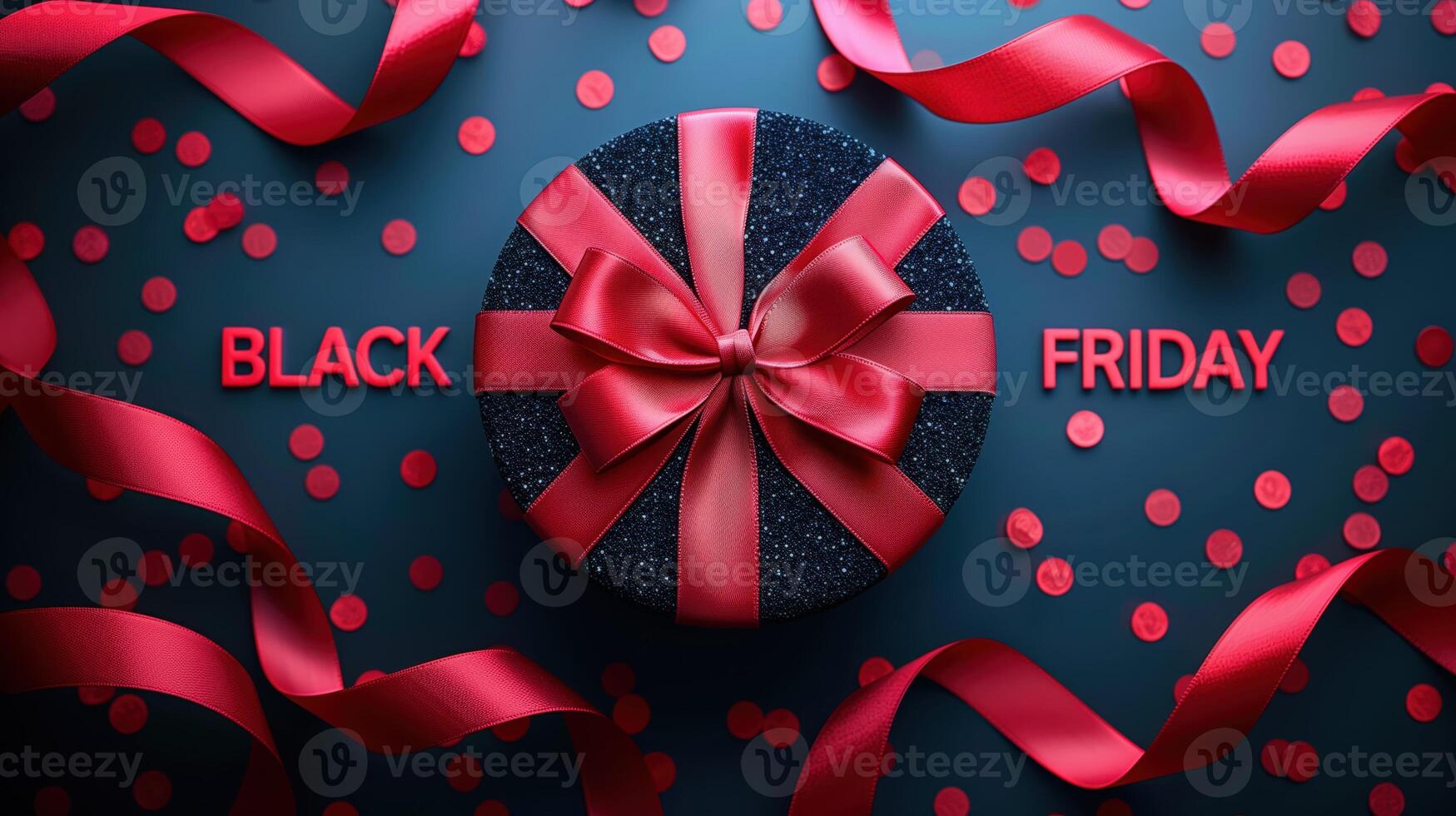 Elegant Black Friday Celebration with Red Ribbons and Confetti on Dark Background for Holiday Shopping photo