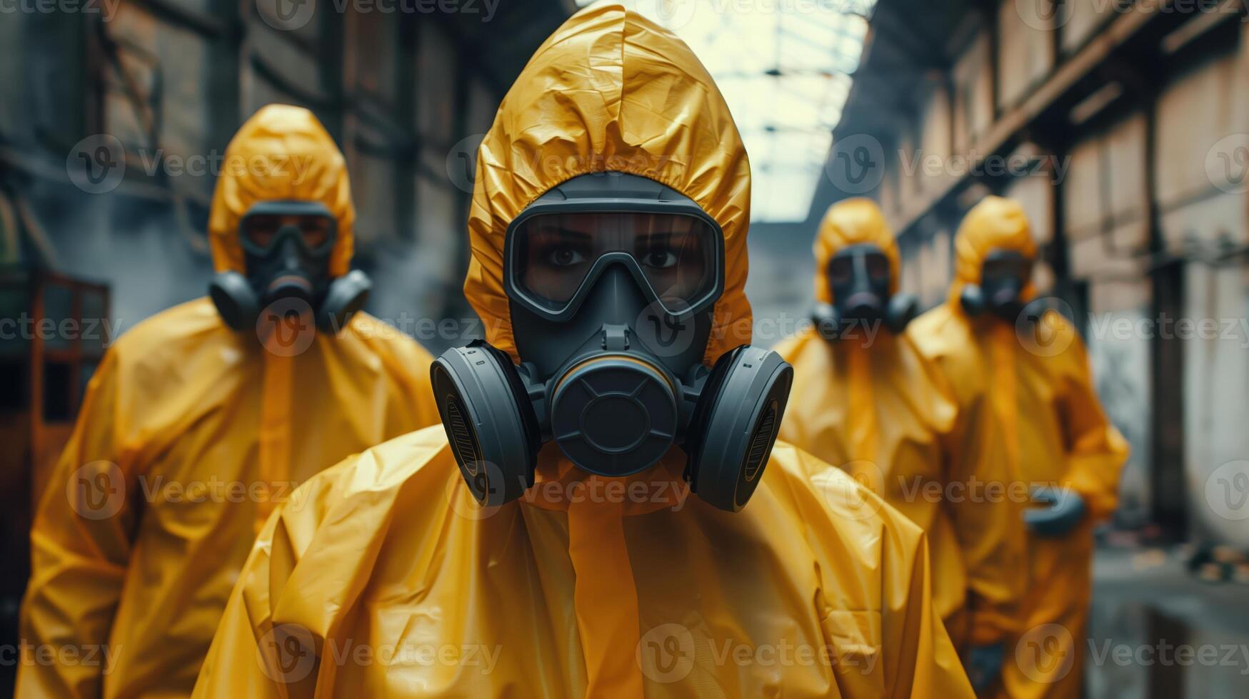 Team in Yellow Hazmat Suits and Respirators in Industrial Setting for Safety Inspection photo