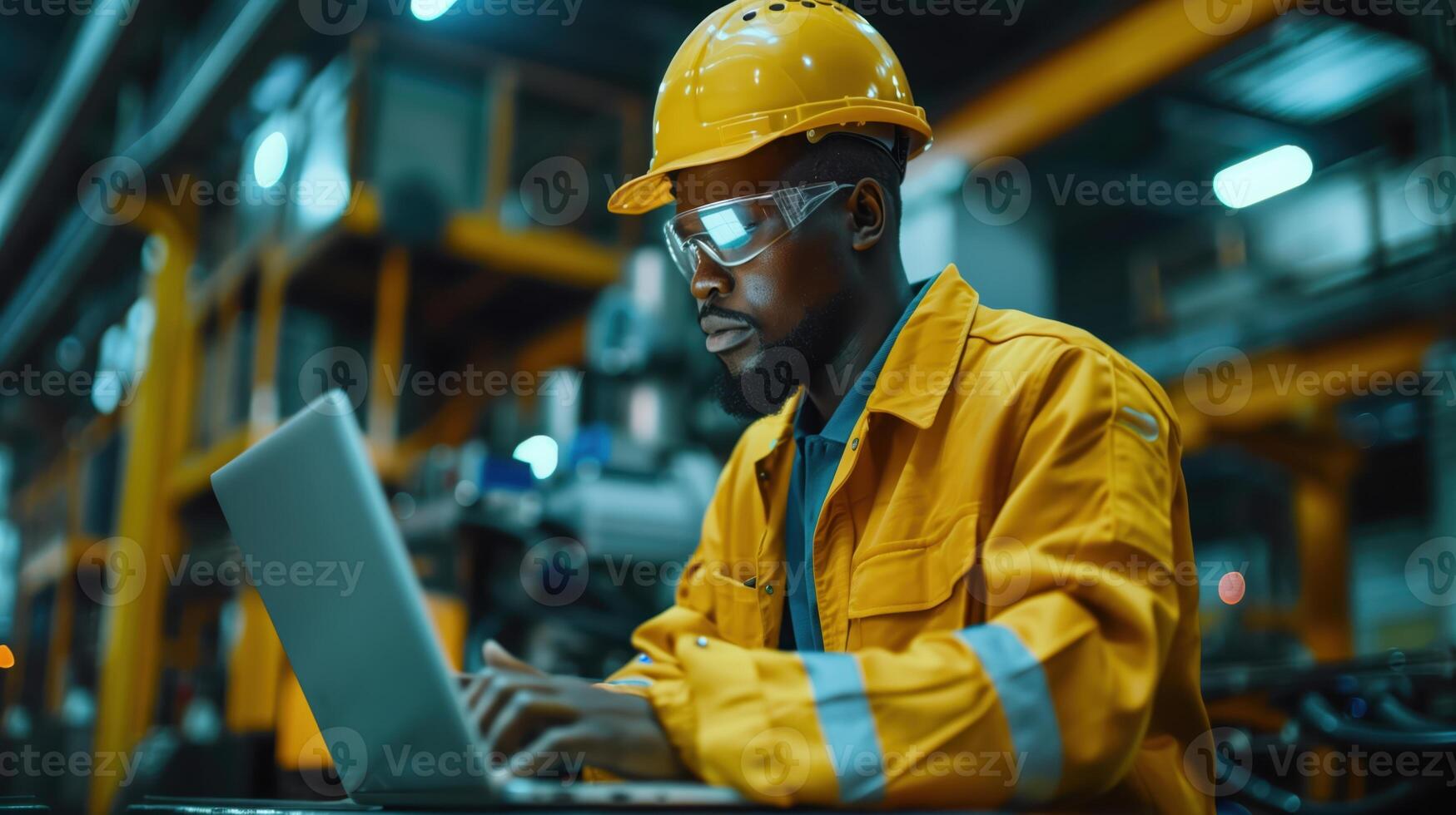 Professional Factory Worker Using Laptop at Modern Industrial Facility for Efficient Management and Operations photo