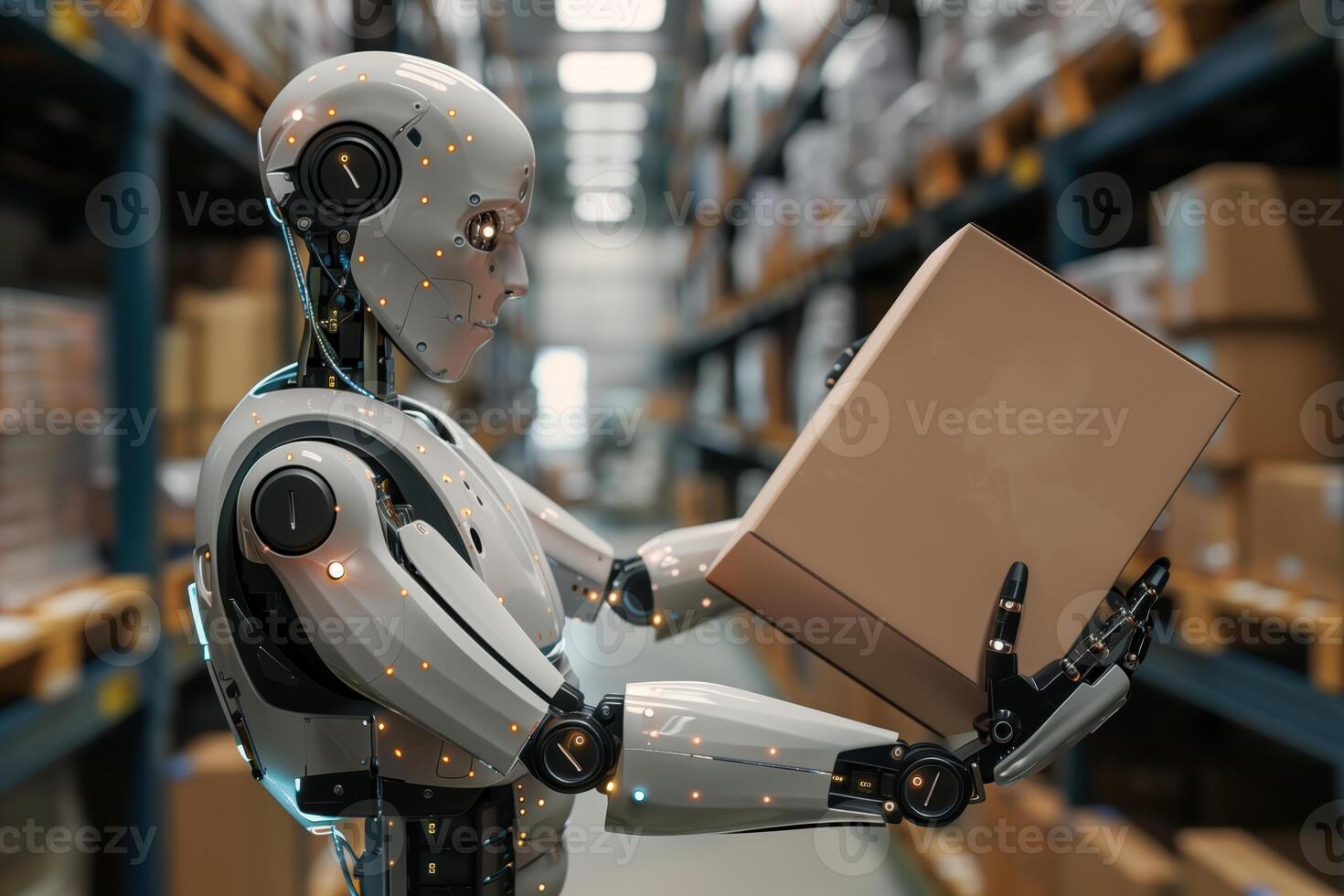 Futuristic Robot Holding a Box in a Warehouse Environment with Shelves and Technology photo