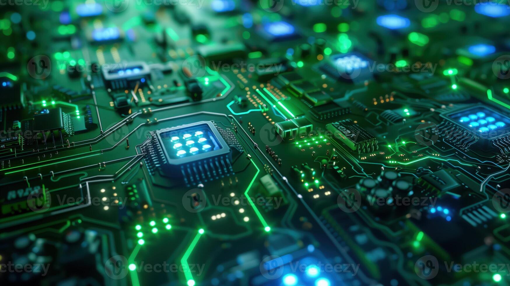 Hyperrealistic Green and Chrome Microchip Surface Close-Up with Futuristic Technology Elements photo