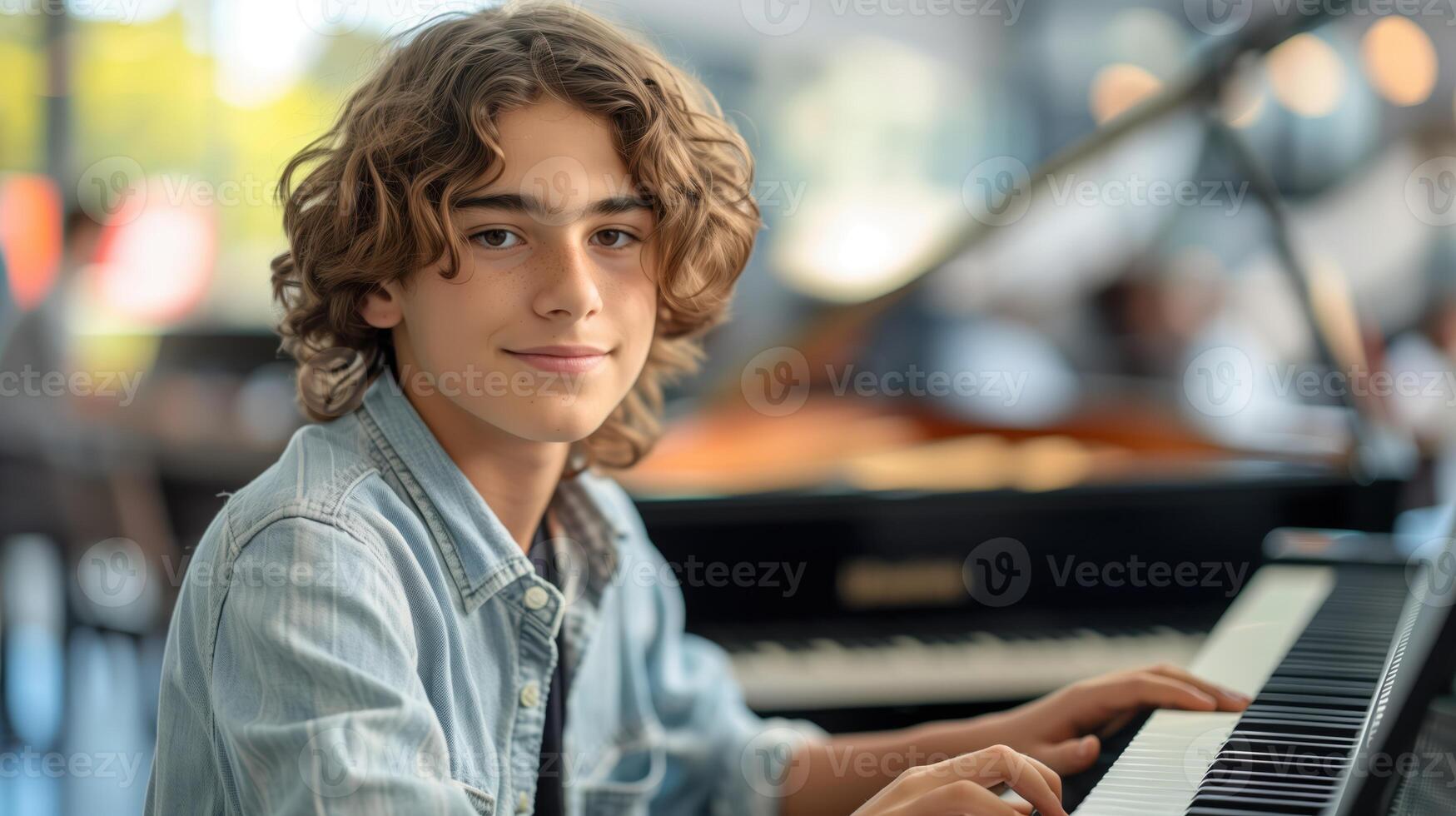 Portrait of Teenager Enthusiastically Learning to Play the Keyboard in a Music Studio Setting, Expressing Passion and Joy for Music Education and Artistic Development photo