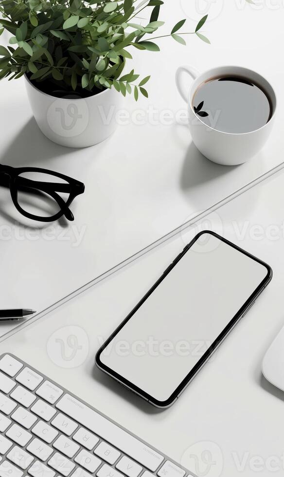 White Minimalist Smartphone Mockup on Desk with Coffee, Glasses, and Plant in Clean Workspace Setting photo
