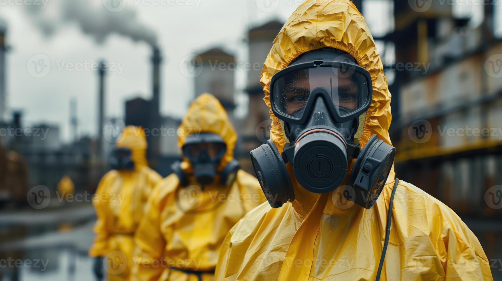 Team in Yellow Hazmat Suits and Respirators Preparing for Chemical Safety Inspection at Industrial Site photo