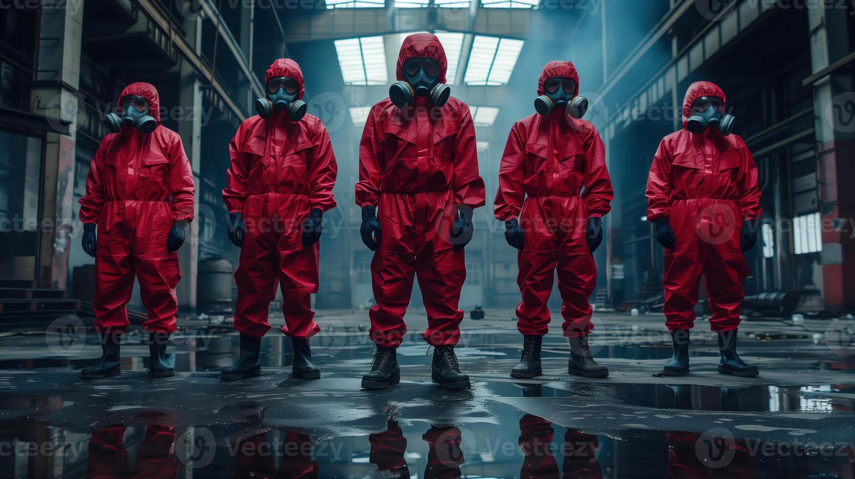 Team in Red Hazmat Suits and Respirators Preparing for Hazardous Work in Abandoned Industrial Warehouse photo