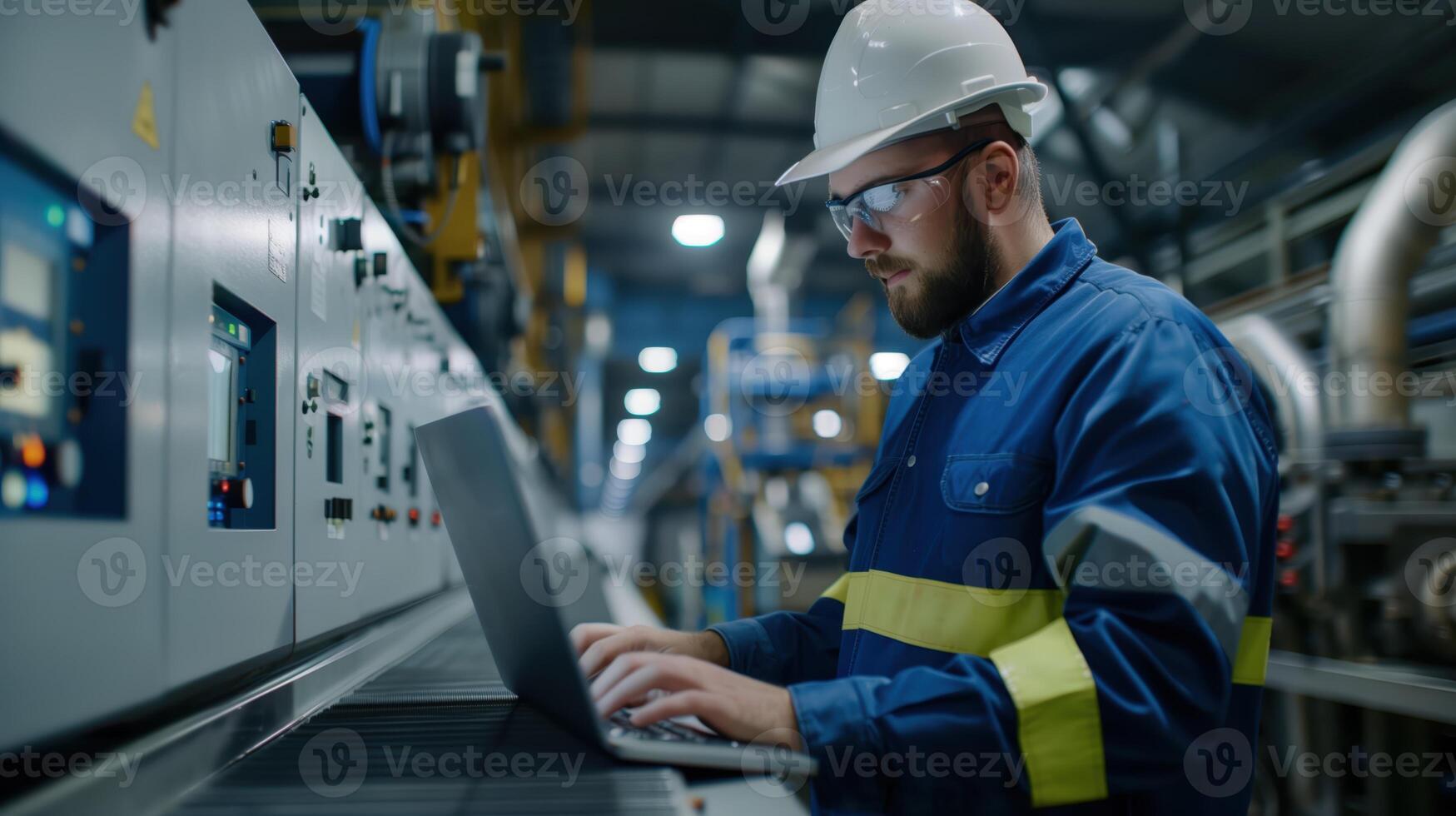 Professional Worker in Modern Factory Using Laptop for Equipment Monitoring and Data Analysis photo