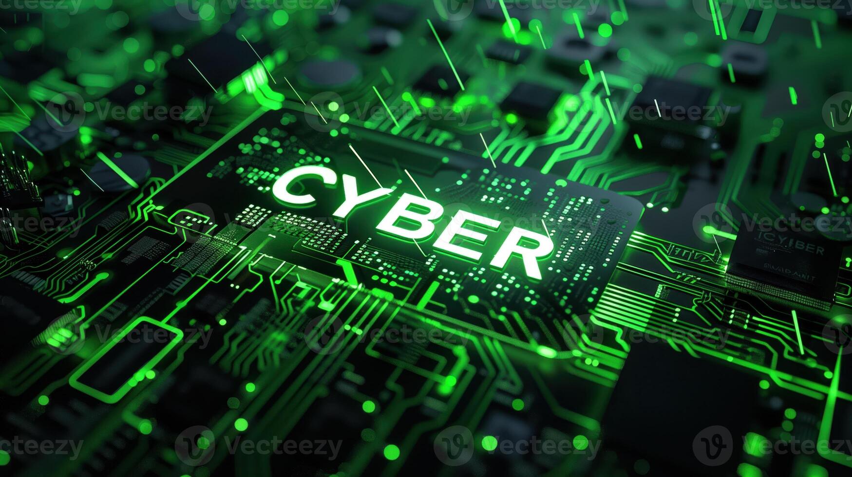 Ultra Realistic Digital Logo Featuring CYBER in Green on Circuit Board with Futuristic Technology Design photo