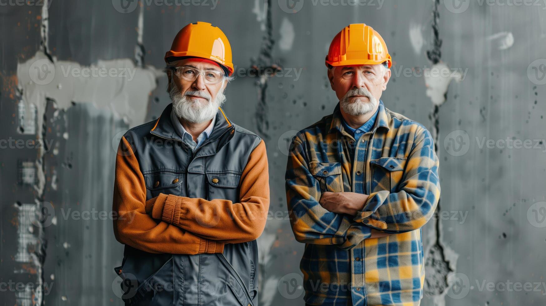 Two Experienced Construction Workers in Hard Hats Posing in Industrial Setting with Confident Expressions and Crossed Arms photo