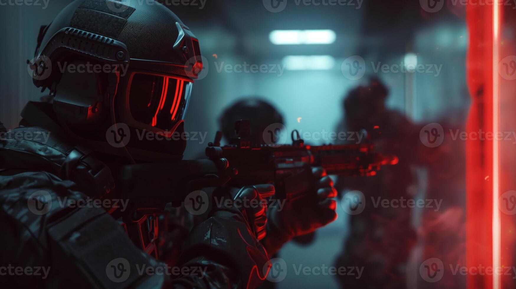 Ultra Realistic Tactical Action Scene from a Computer Game with Armed Soldiers in Tense Combat Environment photo
