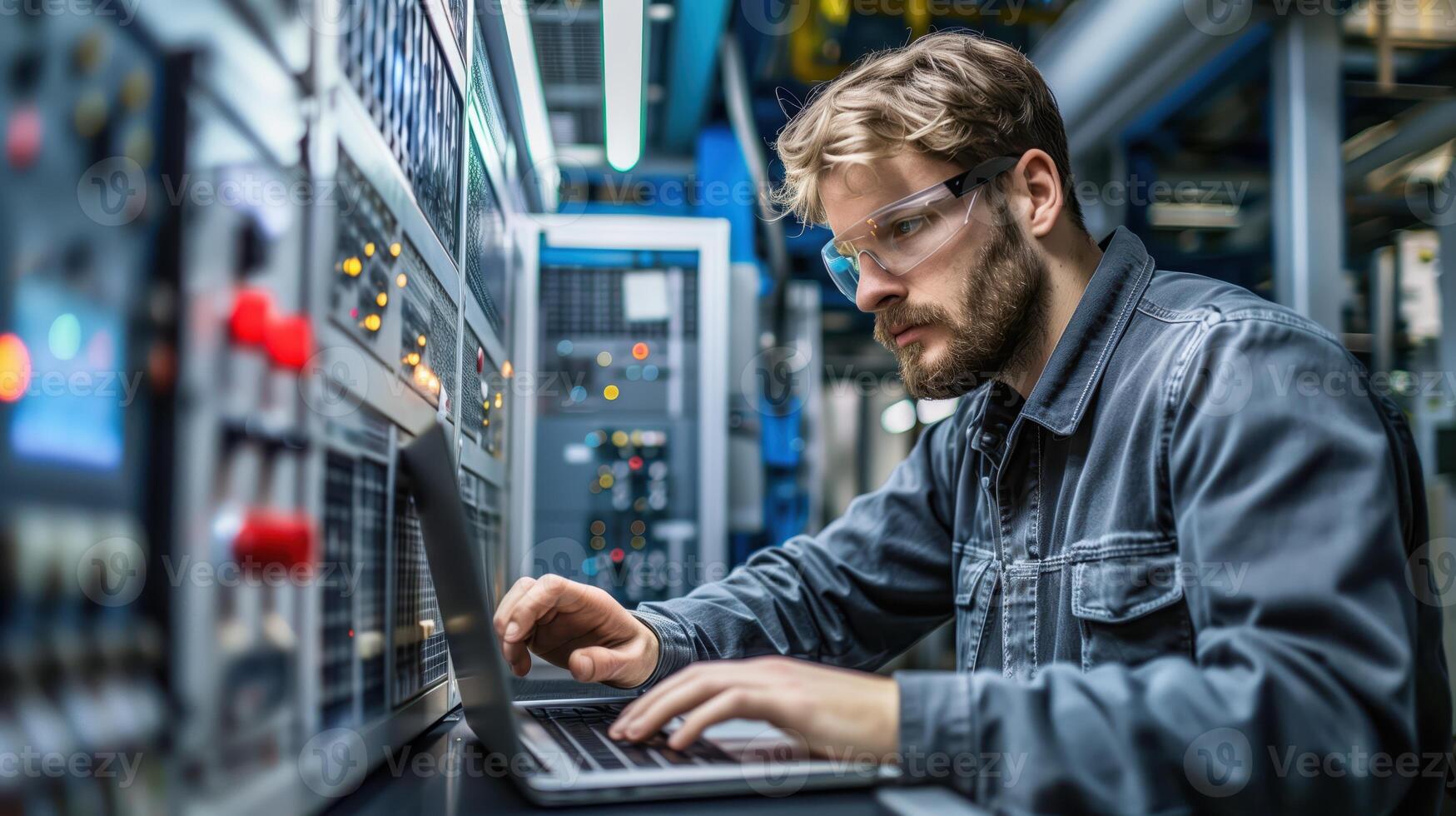 Industrial Engineer Working on Laptop in Modern Factory with Advanced Machinery and Equipment photo