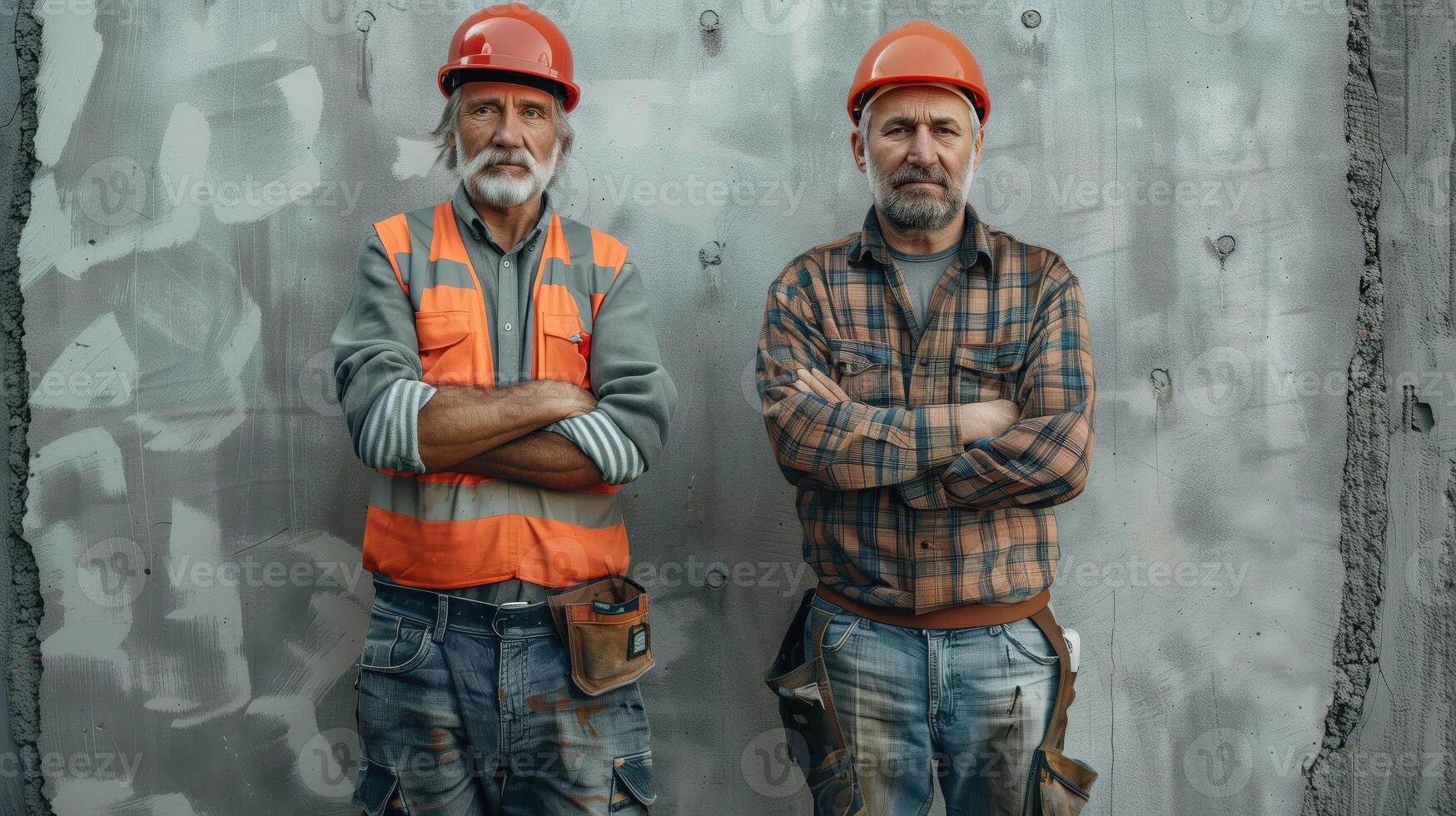 Two Experienced Construction Workers Standing Confidently in Front of a Concrete Wall Wearing Hard Hats and Safety Vests photo