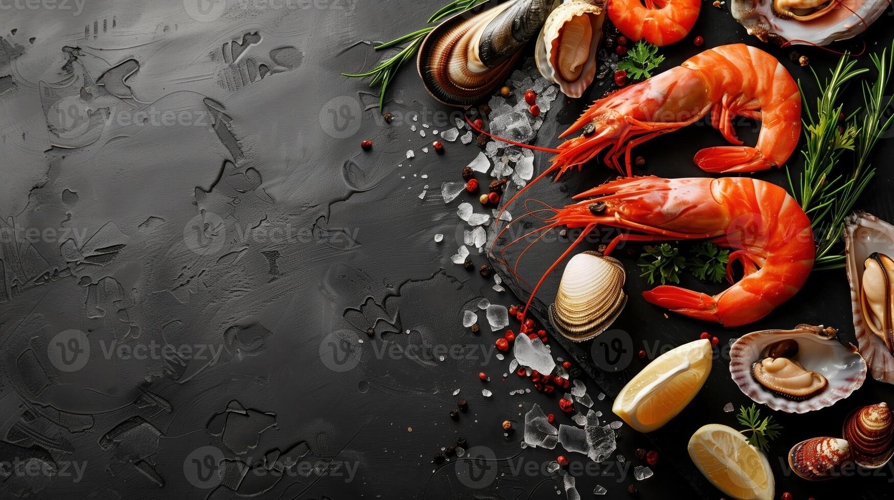 Top View of Elegant Gourmet Seafood Assortment with Fresh Shrimp, Mussels, and Herbs on Dark Rustic Background photo