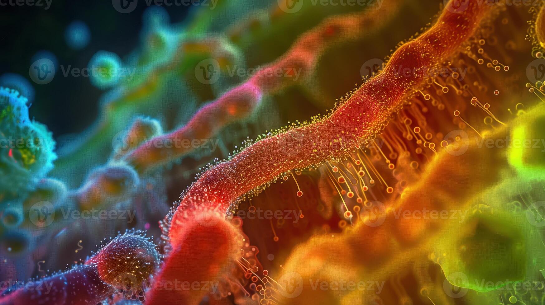 High Magnification View of E. Coli Cells Showcasing Colorful Abstract Patterns and Vivid Cellular Details photo