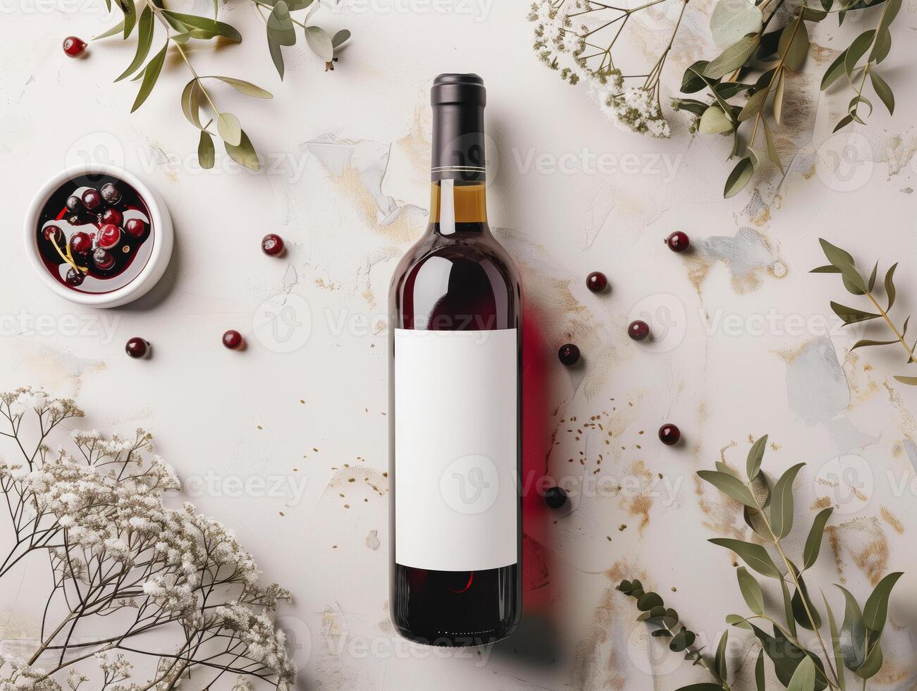 Wine Bottle Flatlay Mockup With Blank Label Surrounded by Floral Elements and Berries on a Marble Background photo