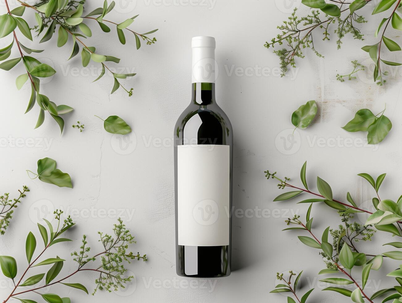 Elegant Wine Bottle Mockup Featuring a Blank Label Surrounded by Green Botanical Elements on a Neutral Background photo