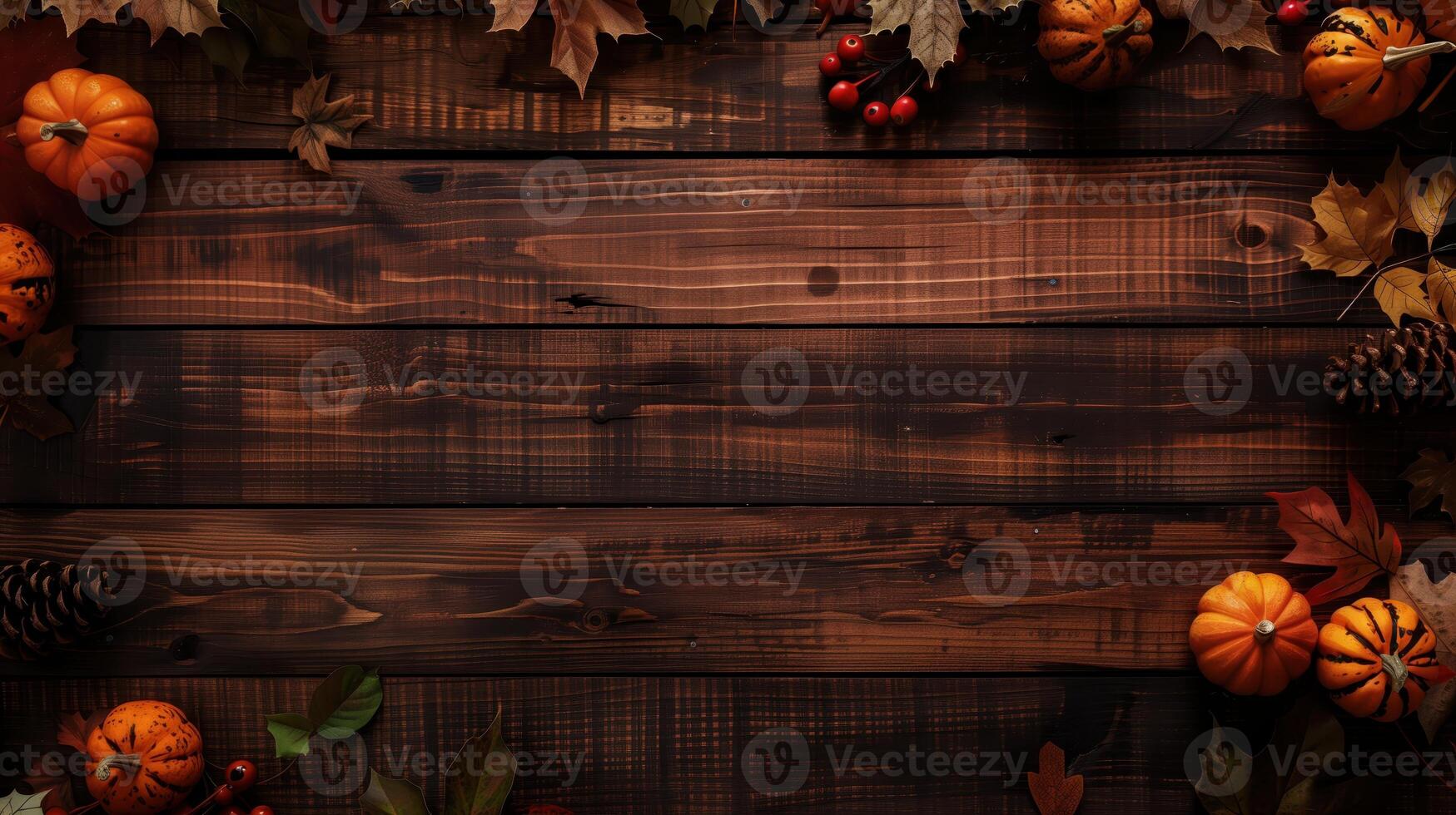 Rustic Wooden Background With Thanksgiving Decorations Including Pumpkins and Autumn Leaves photo