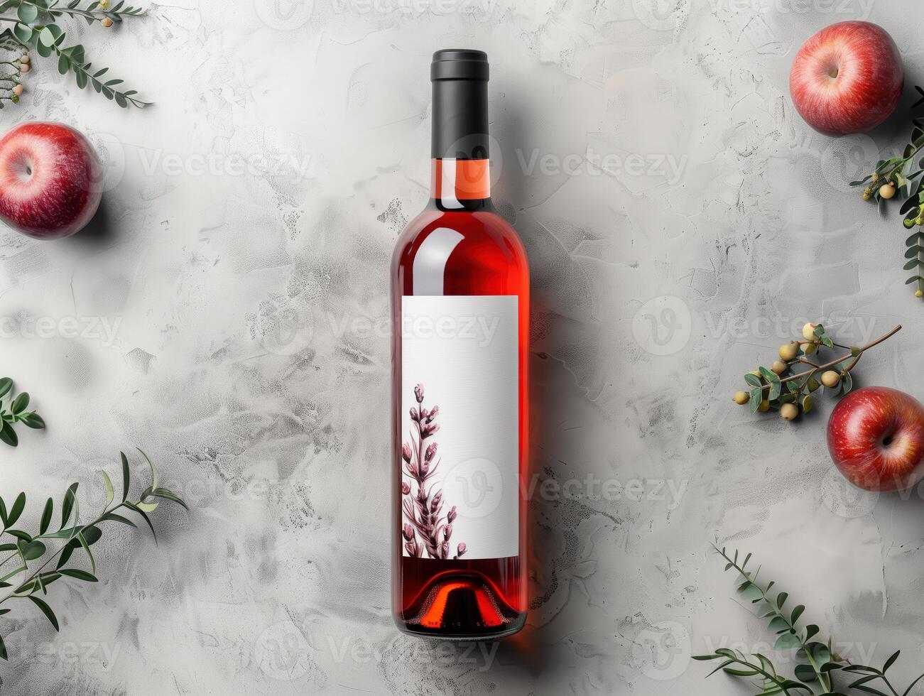 Wine Bottle Flatlay Mockup with Blank Label Surrounded by Fresh Apples and Leaves photo