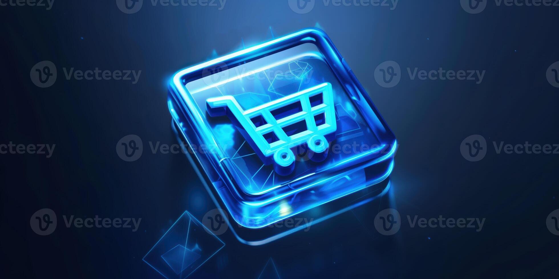 Blue Shopping Cart Icon on Digital Interface Background for E-Commerce and Technology Themes photo