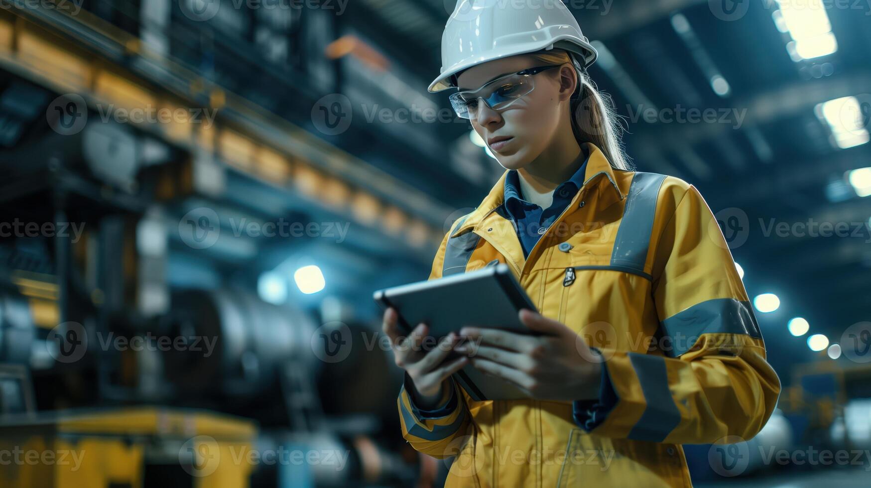 Professional Heavy Industry Engineer Worker Using Digital Tablet in Factory Wearing Safety Gear photo