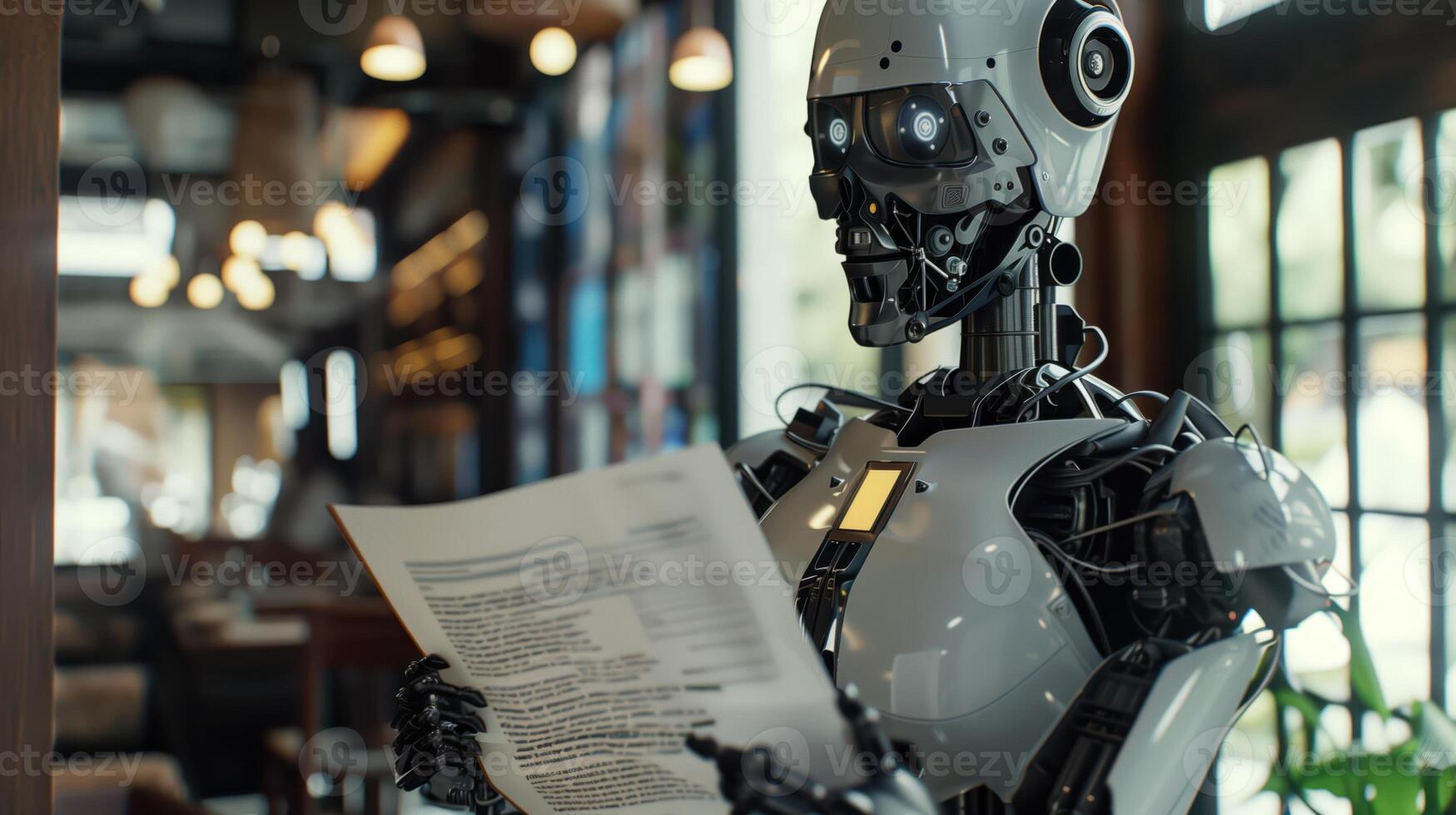 Futuristic AI Robot Inside a Modern Workspace Reading Documents Posing with Advanced Technology photo