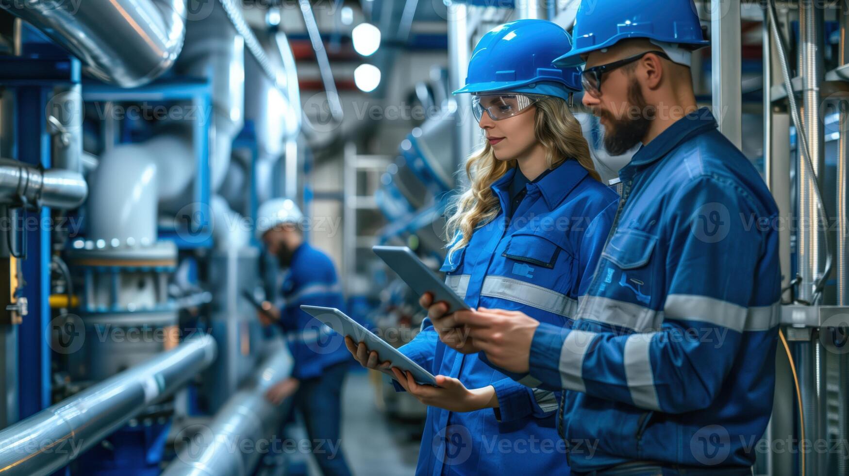 Male And Female Industrial Engineers Using Tablet In Modern Factory Environment With Pipes And Machinery photo