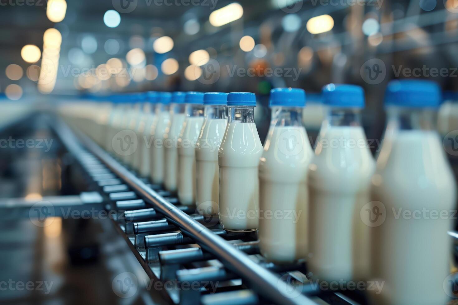 Milk Production Line at Factory Showcasing Glass Bottles in Rows for Efficient Dairy Processing and Packaging photo