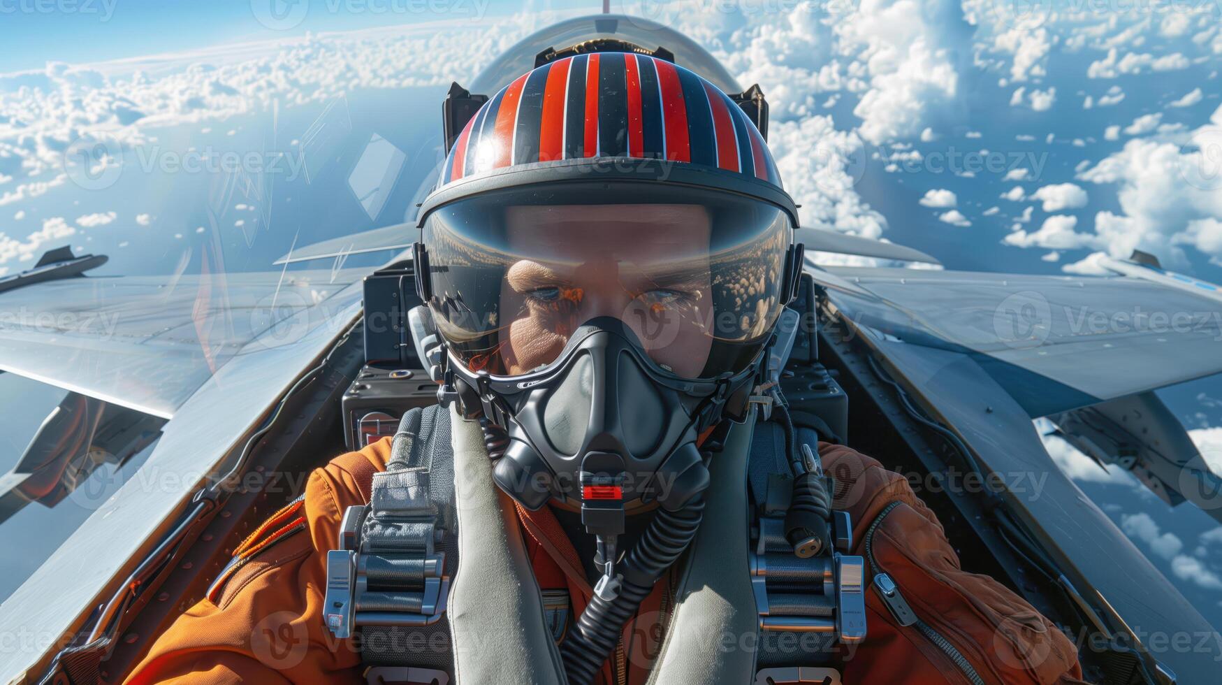 Dynamic Portrait Of A Fighter Jet Pilot In The Cockpit Of An F-16 Against A Breathtaking Sky Background photo