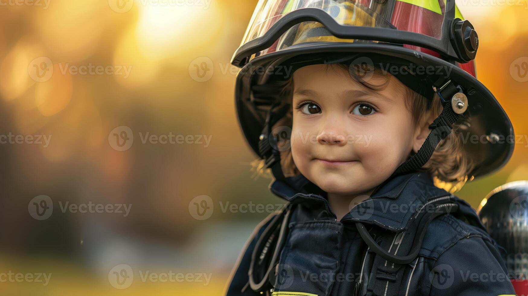 Adorable Young Child in Firefighter Uniform with Helmet Smiling Outdoors photo