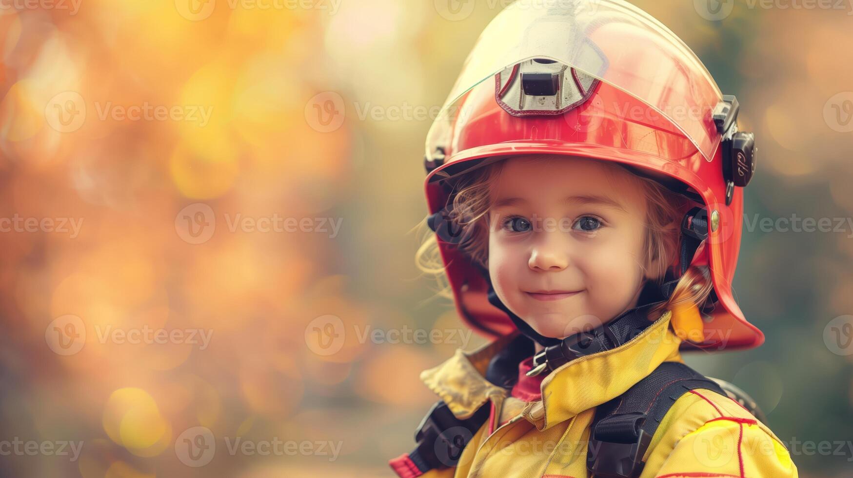 Adorable Young Child in Firefighter Uniform Smiling Outdoors on a Bright Day photo