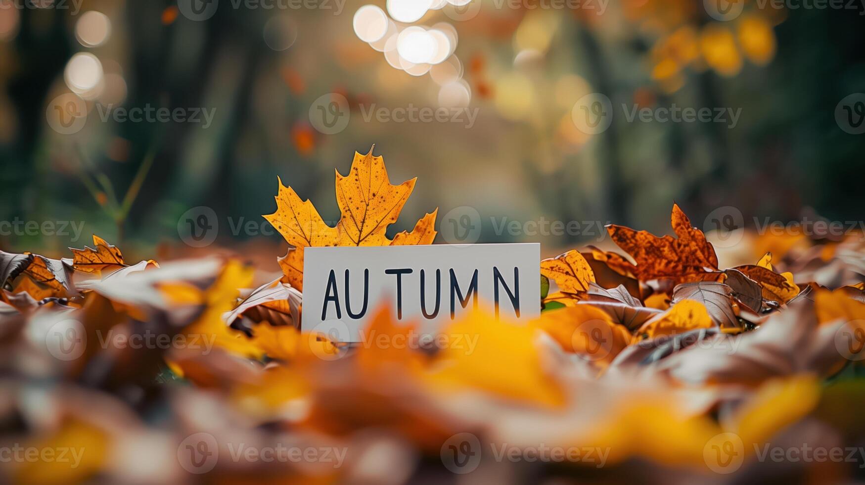 Autumn Leaves with 'Autumn' Greeting Card in Forest Setting photo