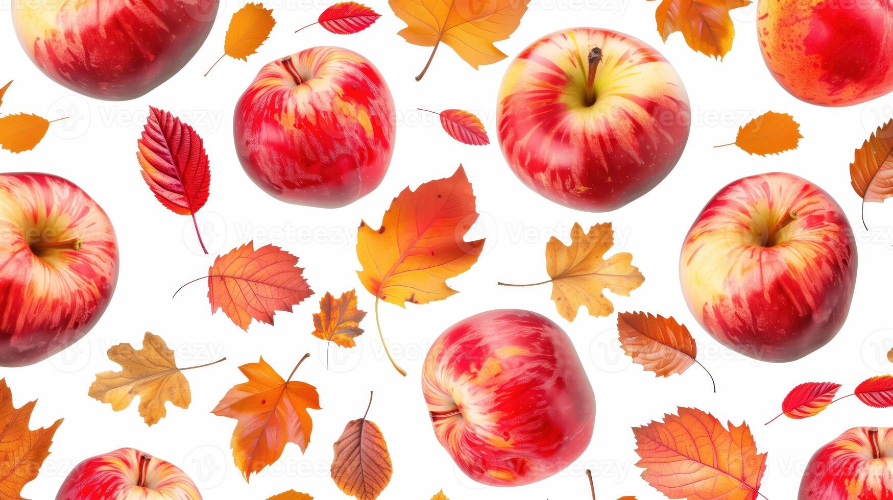 Autumn Background with Red Apples and Colorful Leaves on White Background photo