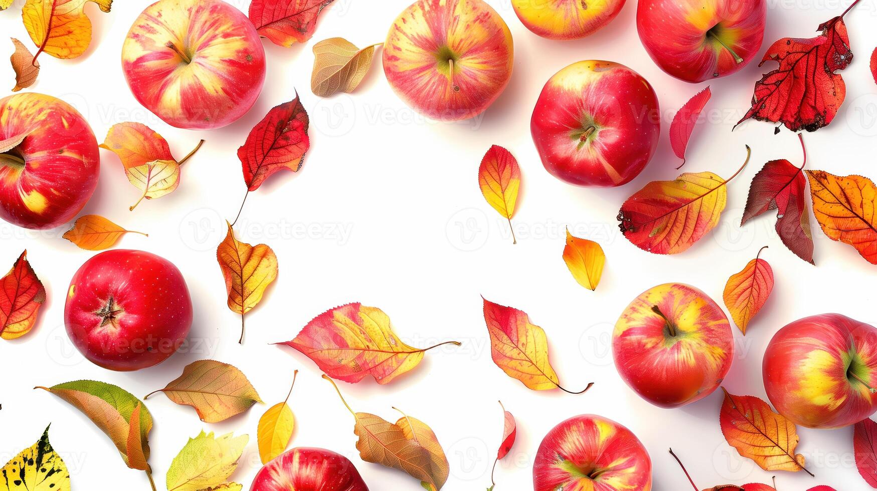 Autumn Background with Red Apples and Colorful Leaves on White Surface photo