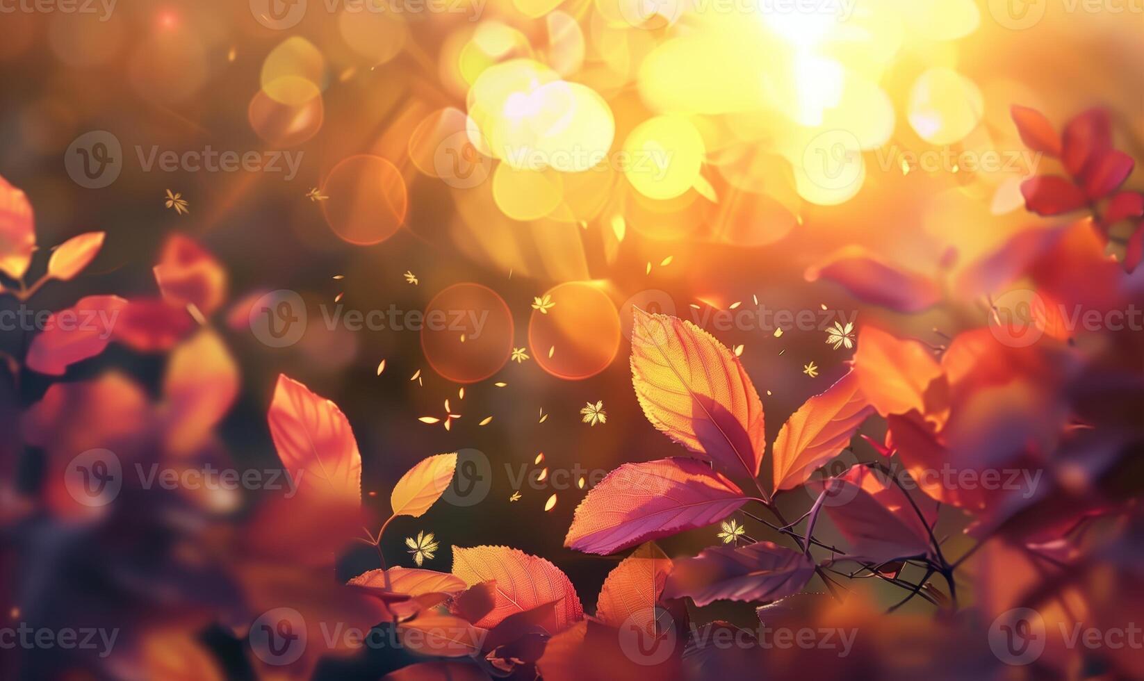 Beautiful Autumn Leaves with Sun Rising and Bokeh Background photo