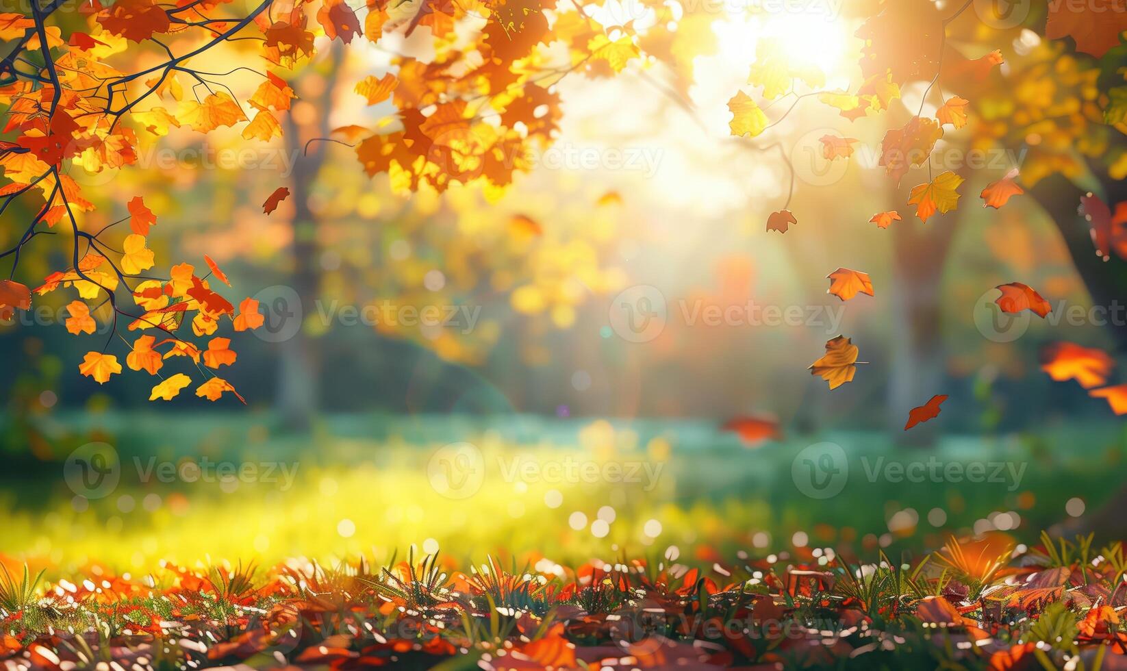 Autumn Leaves Falling with Sunrise Casting Golden Light in a Serene Forest photo