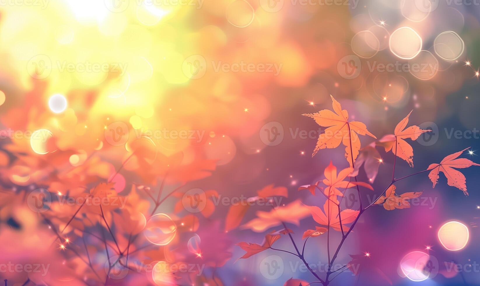Autumn Leaves With a Sunrise Backdrop Featuring a Warm Bokeh Effect photo
