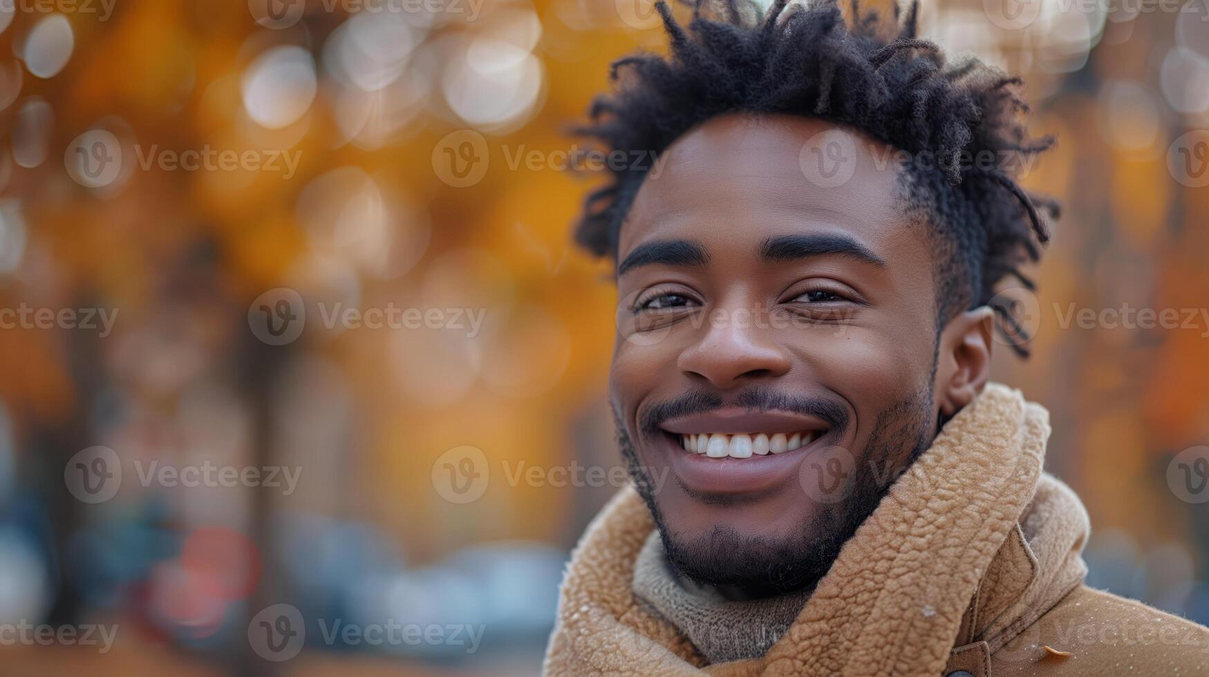 Smiling African American Man Enjoying Autumn Outdoors in Cozy Attire photo