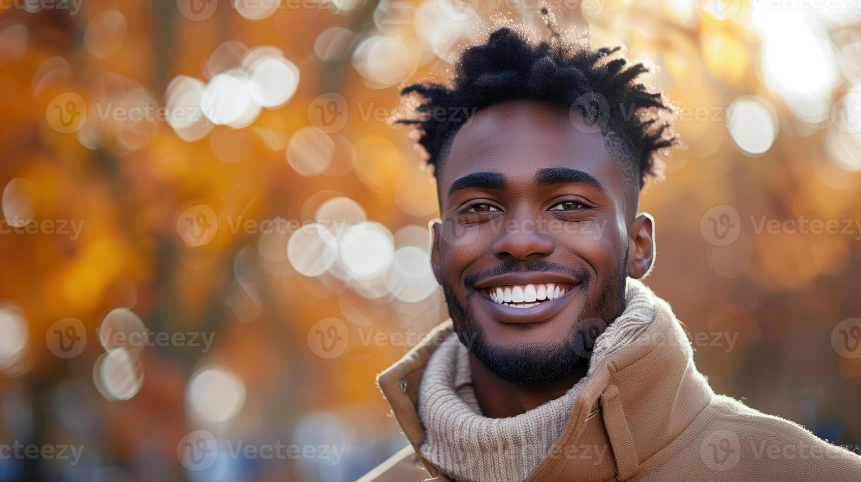 Portrait of a Smiling Young African American Man in an Autumn Park photo